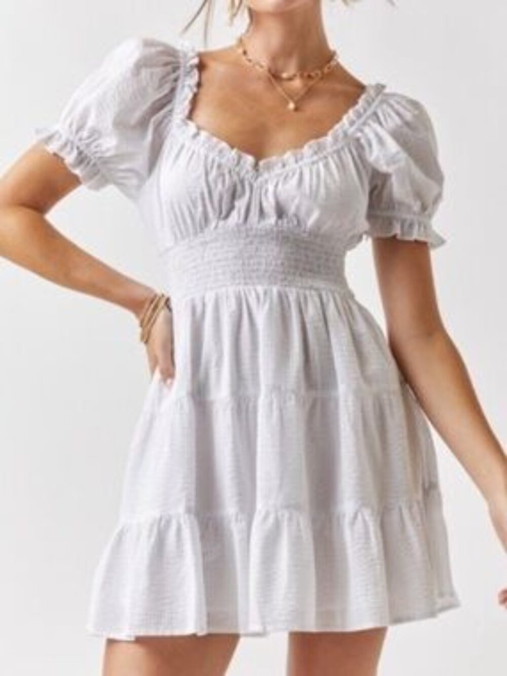 White Cotton Puff Sleeve Smocked Mini Dress
